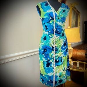 Lauren Blue Green Teal Floral Ruched Faux Wrap Sheath Dress Size 8